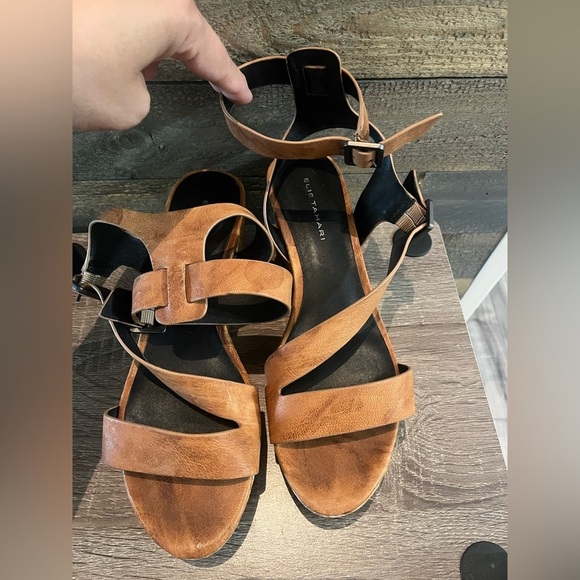 ELIE TAHARI ~Brown/Black Strappy Wedge Sandals - Picture 7 of 9